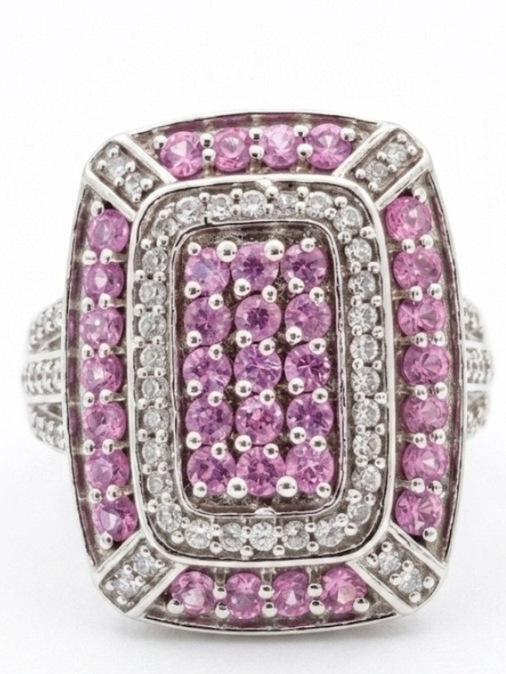 Genuine Pink Sapphire & White Zircon Ring Sterling Silver Platinum Overlay Sz 7!